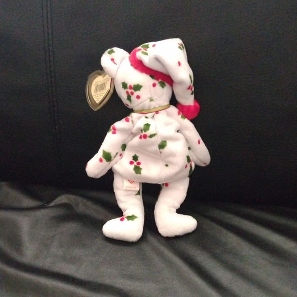 RARE, TY Beanie Baby 1998 Holiday Teddy Bear Holly Berries on White - Picture 2 of 11